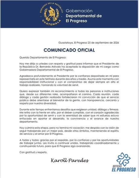 Renuncia de Karoll Paredes como gobernadora de El Progreso: causas y repercusiones